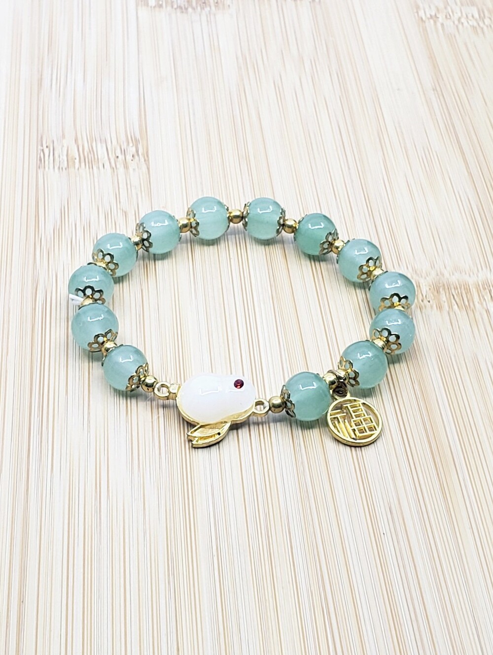 Glass Seafoam/Jade? Stretchy Beaded Bracelet with Rabbit Charm